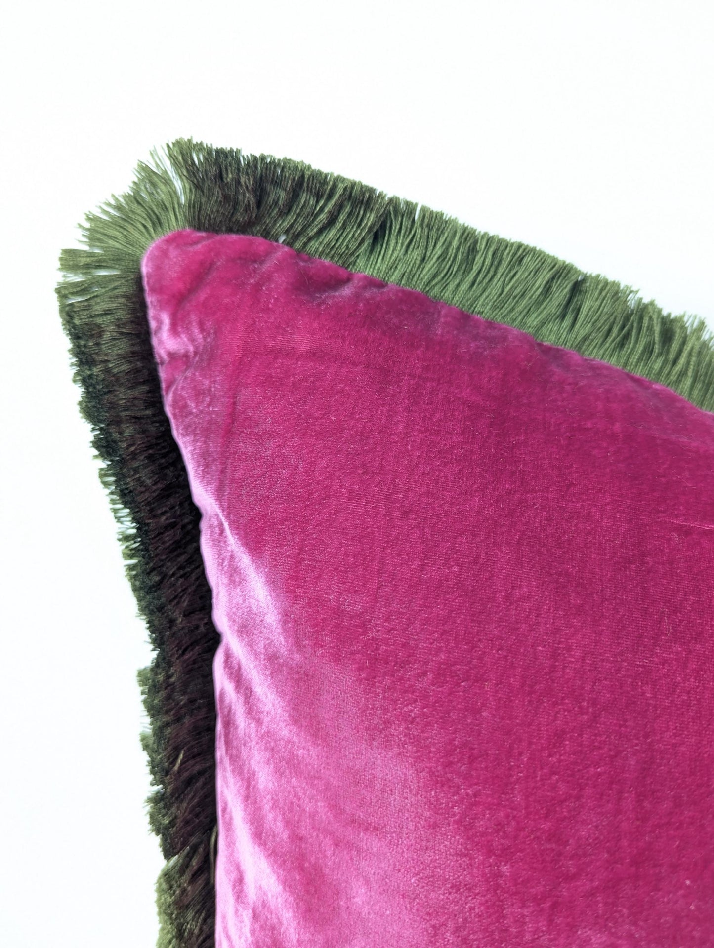 Velvet Throw Pillow, Silk Velvet Cushion, Cerise Pink with Moss Green Fringe Trim