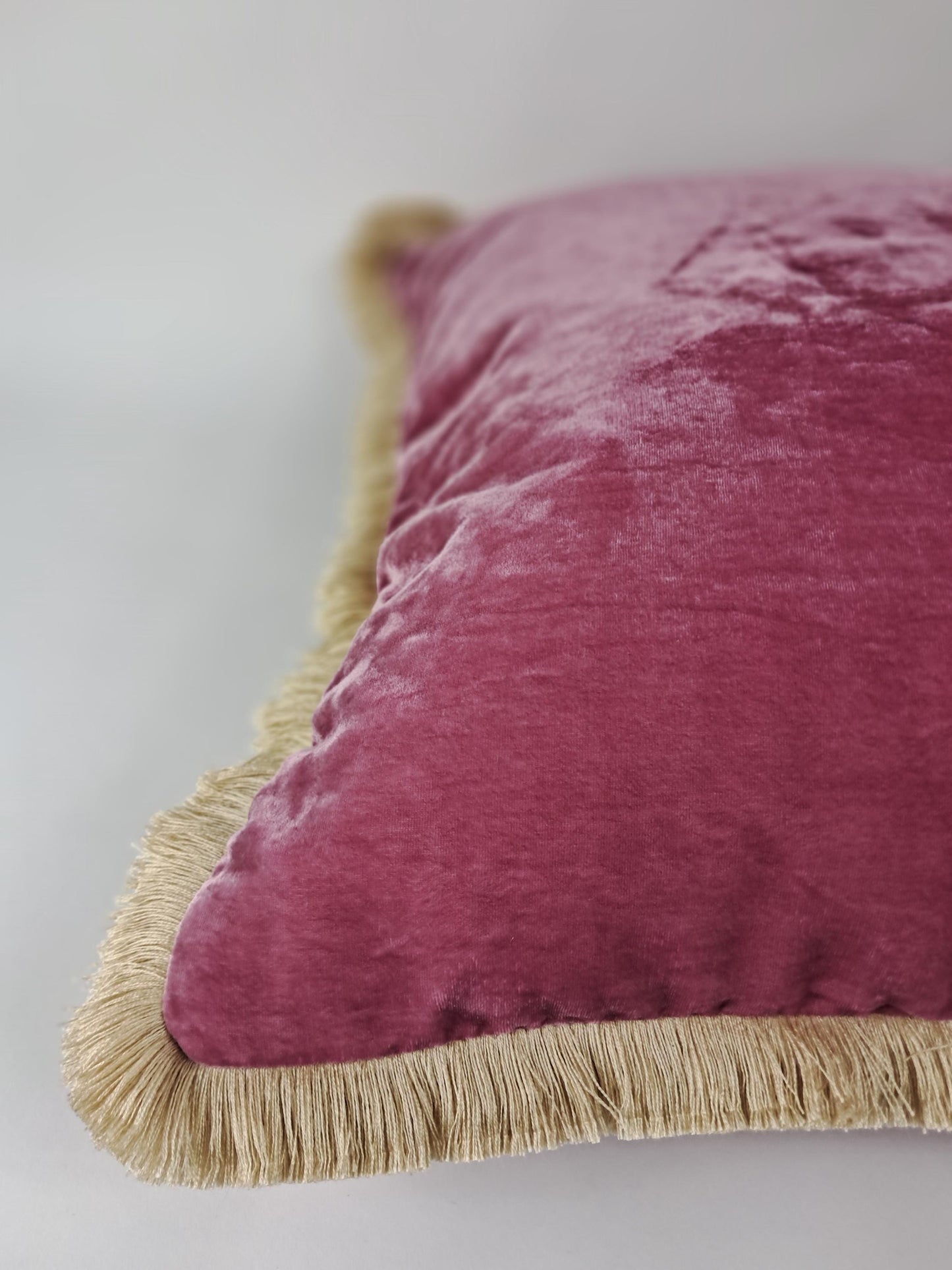 Velvet Pillow Cover, Silk Velvet Cushion, Vintage Rose with Ivory Fringe Trim