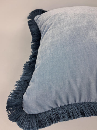Blue Silk Velvet Pillow Cover, Dusty Blue Fringe Trim Cushion