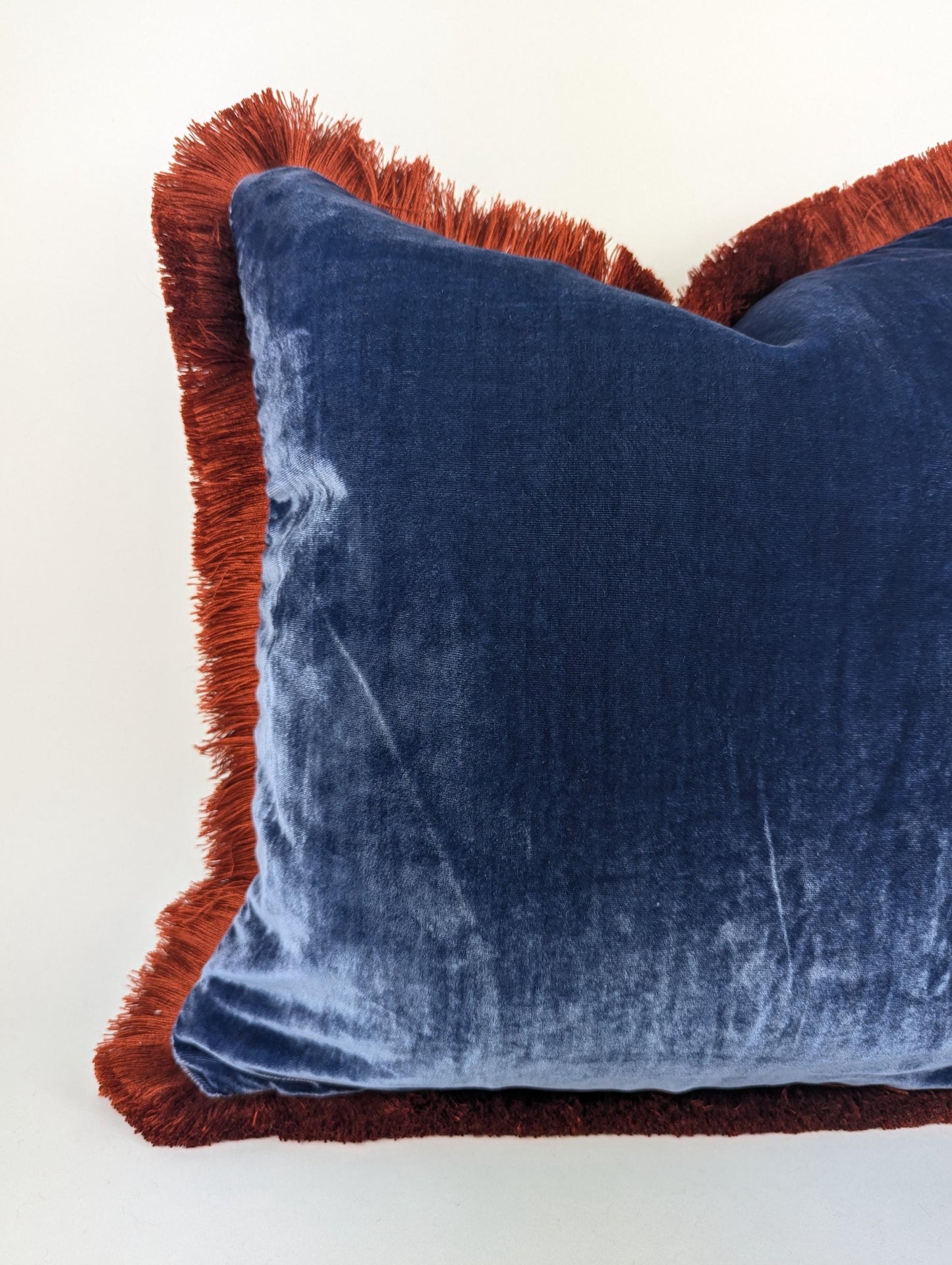 Velvet Throw Pillow, Silk Velvet Cushion, Blue with Rusty Orange Fringe Trim