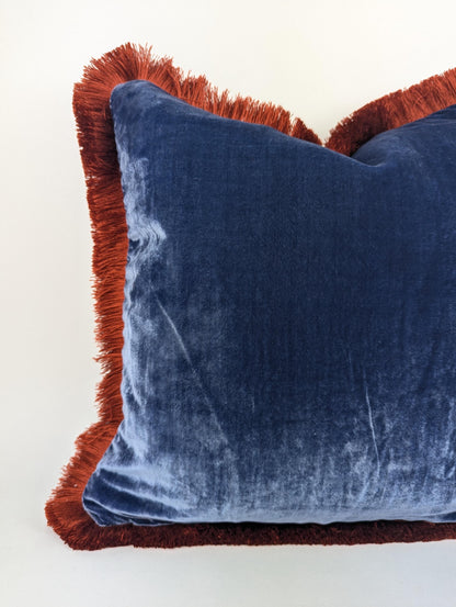 Velvet Throw Pillow, Silk Velvet Cushion, Blue with Rusty Orange Fringe Trim