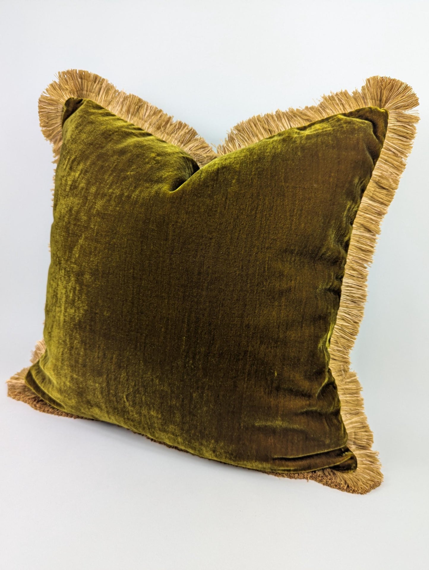 Long Lumbar Pillow, Long Lumbar Velvet Cushion, Chartreuse Green with Gold Fringe Trim
