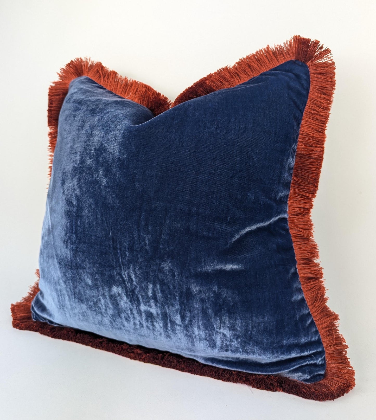 Velvet Throw Pillow, Silk Velvet Cushion, Blue with Rusty Orange Fringe Trim