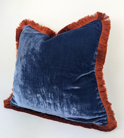 Velvet Throw Pillow, Silk Velvet Cushion, Blue with Rusty Orange Fringe Trim