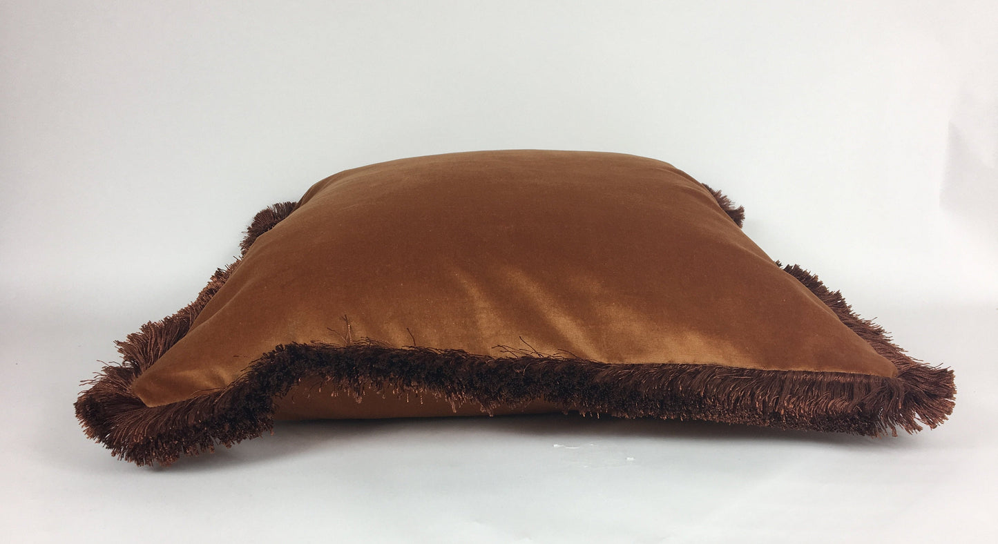 Velvet Pillow Cover, Brown Cotton Velvet Cushion, Rust with Chocolate Brown Fringe