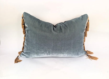 Velvet Pillow Cover, Silk Velvet Cushion, Sea Blue with Brown Bead Tassels