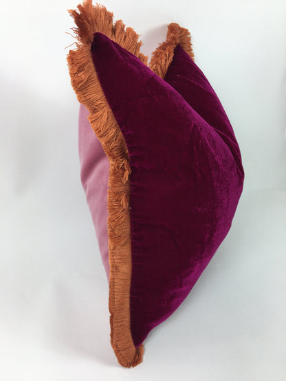 Velvet Throw Pillow Covers - Velvet Cushion - Fuschia with Coral Fringe Trim