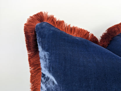 Velvet Throw Pillow, Silk Velvet Cushion, Blue with Rusty Orange Fringe Trim