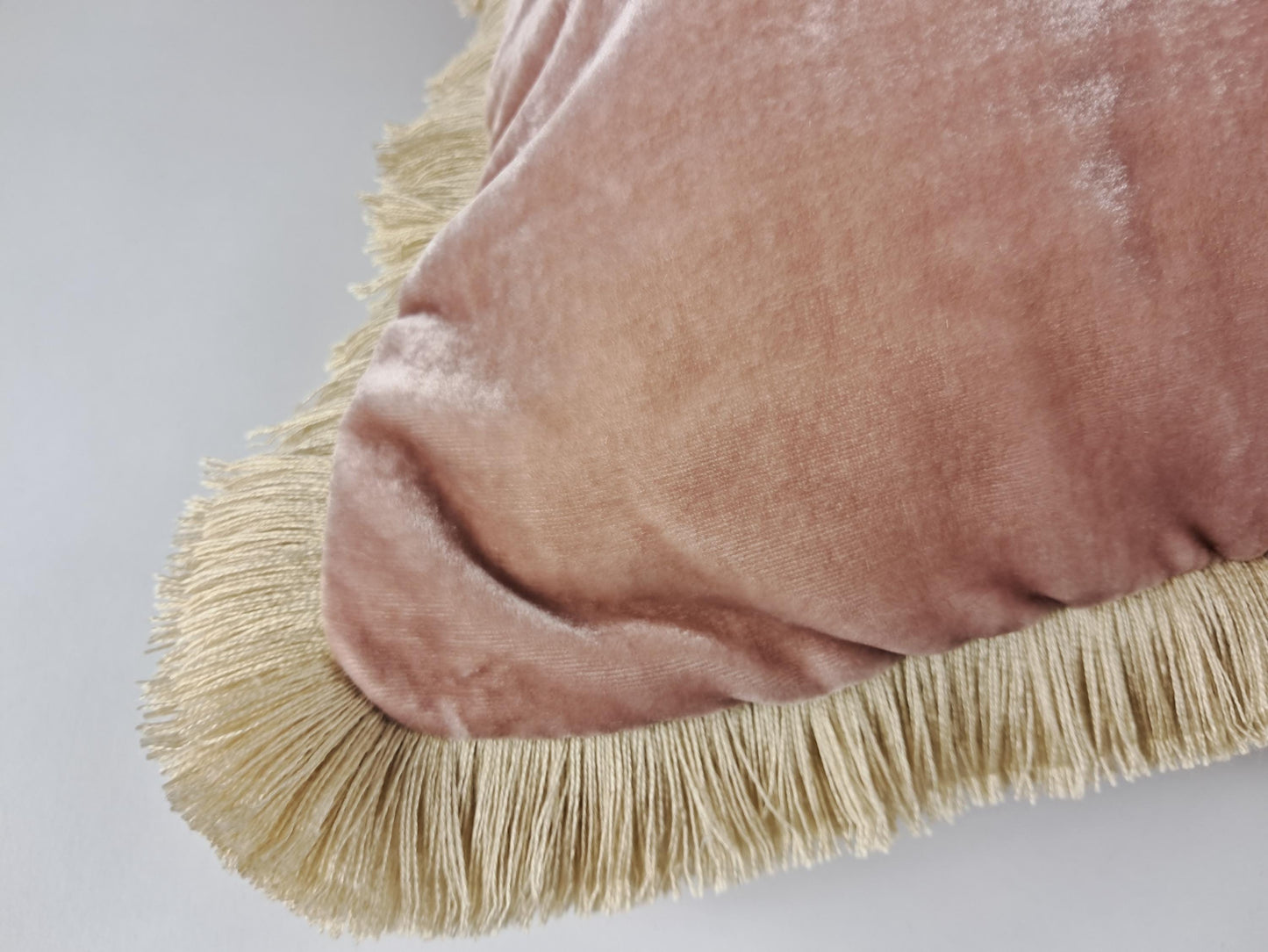 Velvet Pillow, Silk Velvet Cushion, Dusty Rose with Beige Fringe Trim