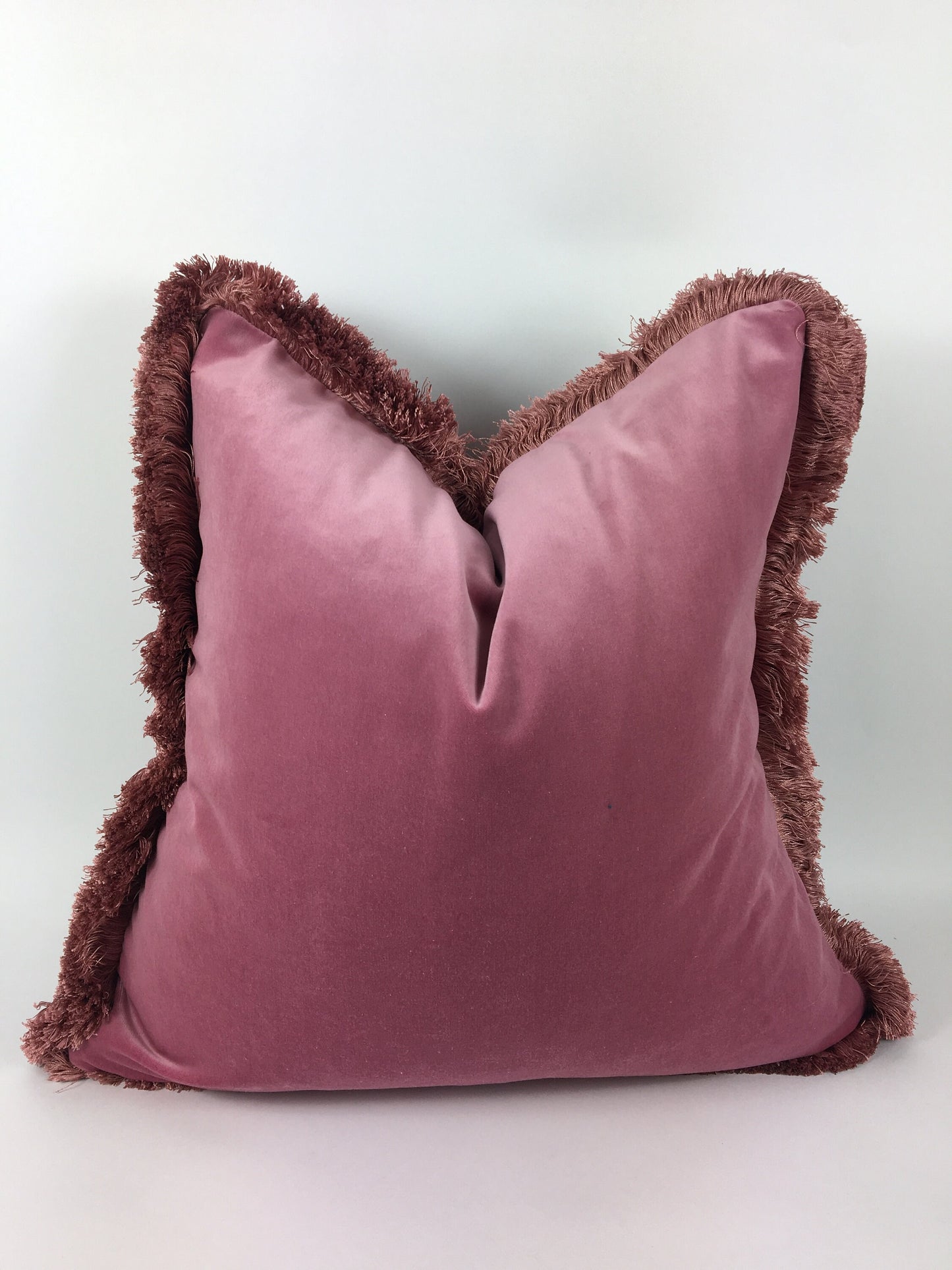 Silk Velvet Throw Pillow, Fuschia Pink Cushion with Dusty Pink Fringe