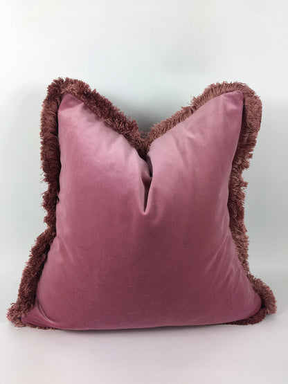 Silk Velvet Throw Pillow, Fuschia Pink Cushion with Dusty Pink Fringe