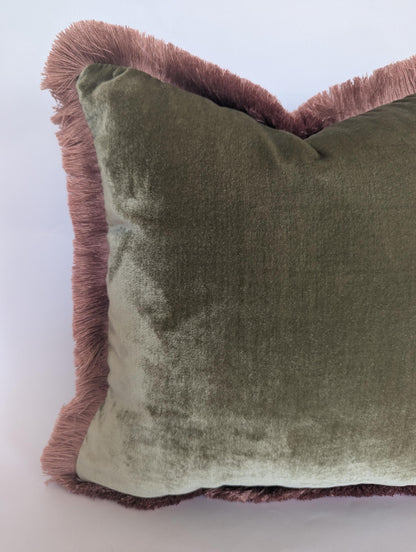 Velvet Pillow Cover, Silk Velvet Cushion, Sage Green with Dusty Pink Fringe Trim