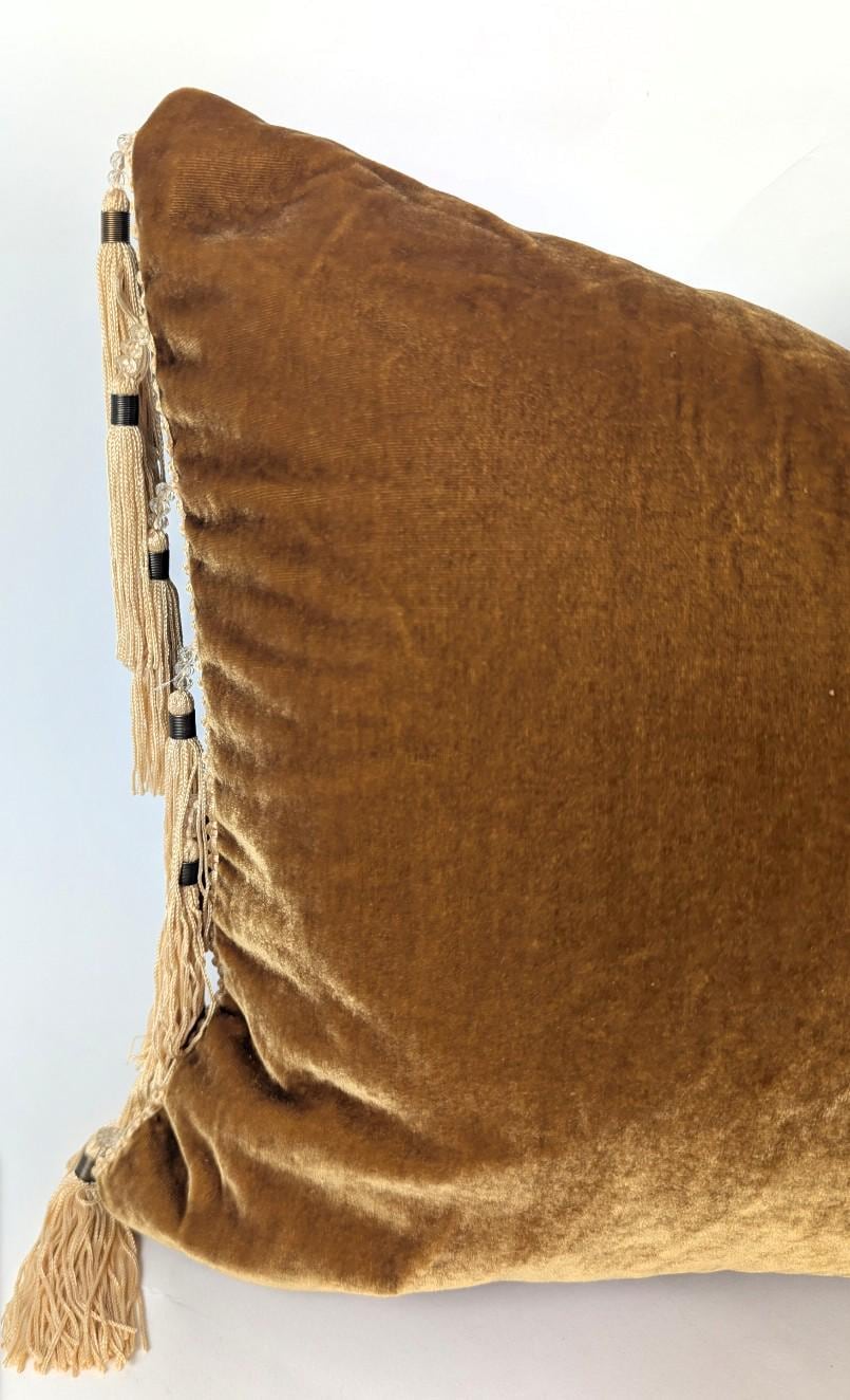 Velvet Pillow Cover, Silk Velvet Cushion, Caramel with Gold Bead Tassels