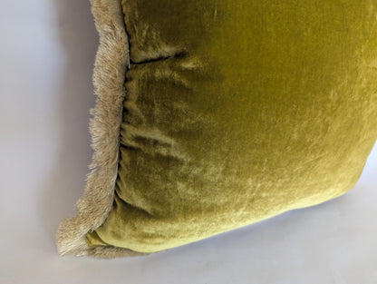 Velvet Pillow Cover, Silk Velvet Cushion, Citrine with Ivory Fringe Trim