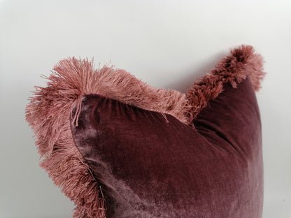 Berry Pink Silk Velvet Fringe Pillow Cover, Dusty Pink Trim Cushion