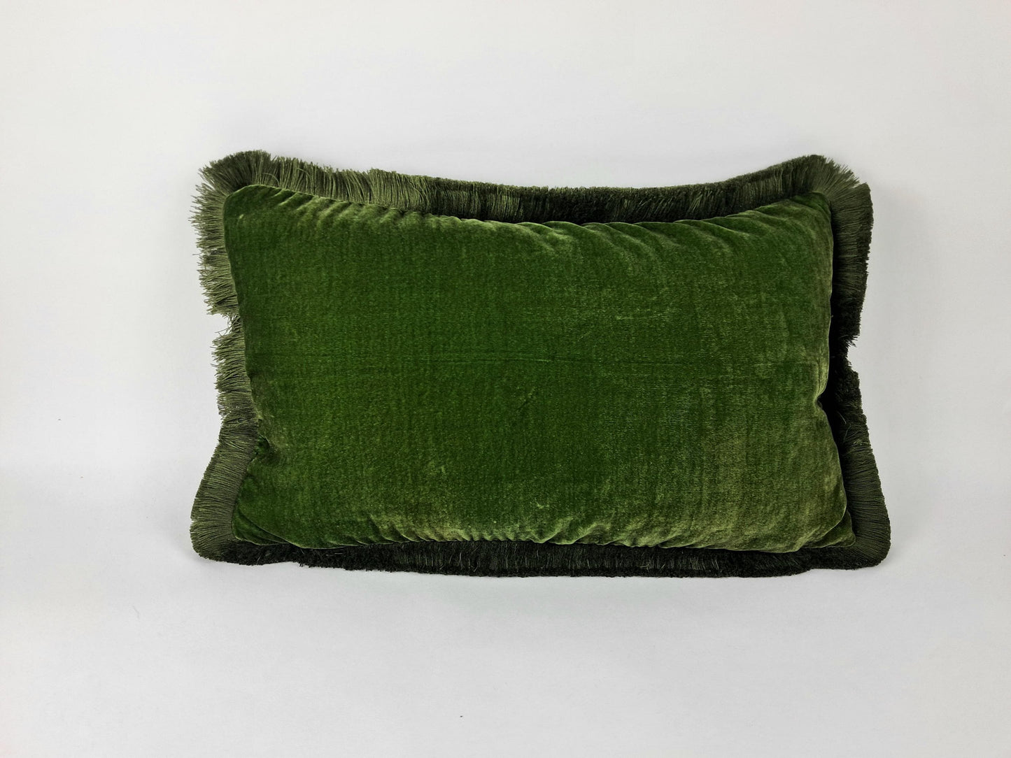 Moss Green Silk Velvet Fringe Pillow Cover, Luxurious Throw Cushion