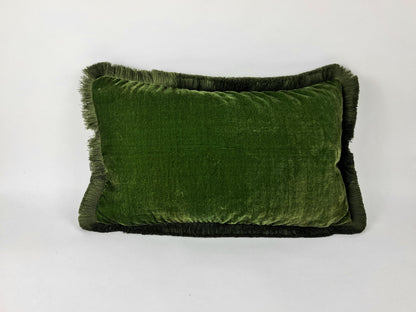 Moss Green Silk Velvet Fringe Pillow Cover, Luxurious Throw Cushion