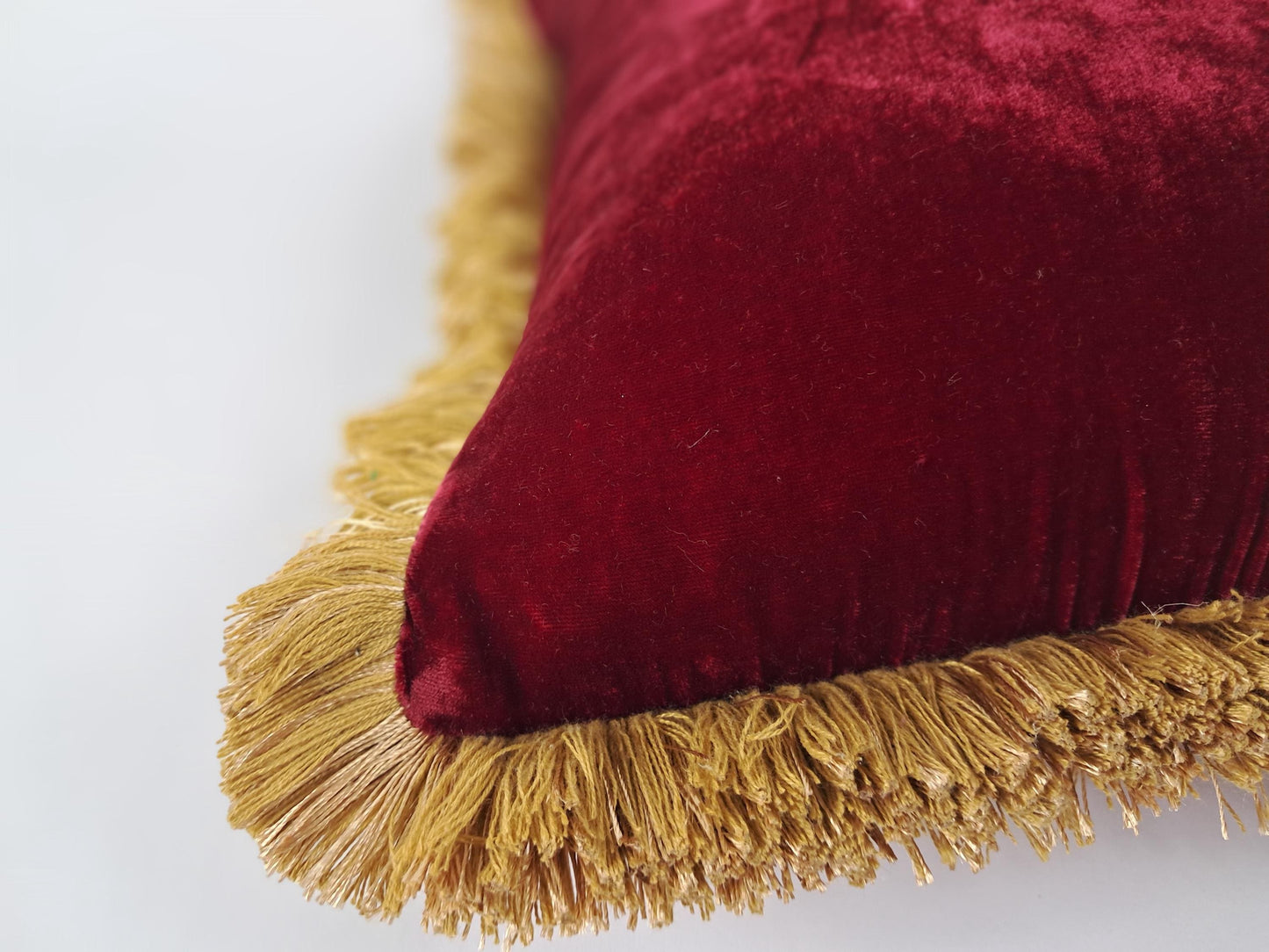 Velvet Pillow Cover, Silk Velvet Cushion, Redcurrant with Gold Fringe Trim