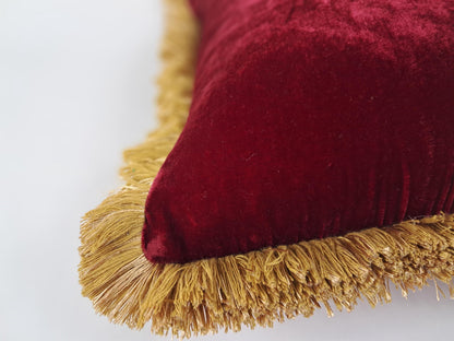 Velvet Pillow Cover, Silk Velvet Cushion, Redcurrant with Gold Fringe Trim