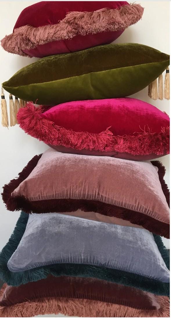 Custom Silk Velvet Fringe Pillow Covers, Jewel Tone Throw Cushions