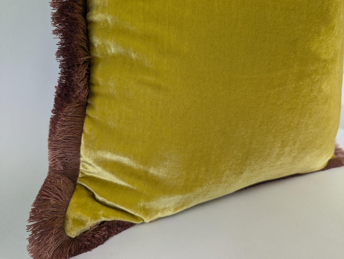 velvet Throw Pillow, Silk Velvet Cushion, Spring Yellow with Dusty Pink Fringe Trim