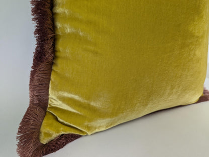velvet Throw Pillow, Silk Velvet Cushion, Spring Yellow with Dusty Pink Fringe Trim