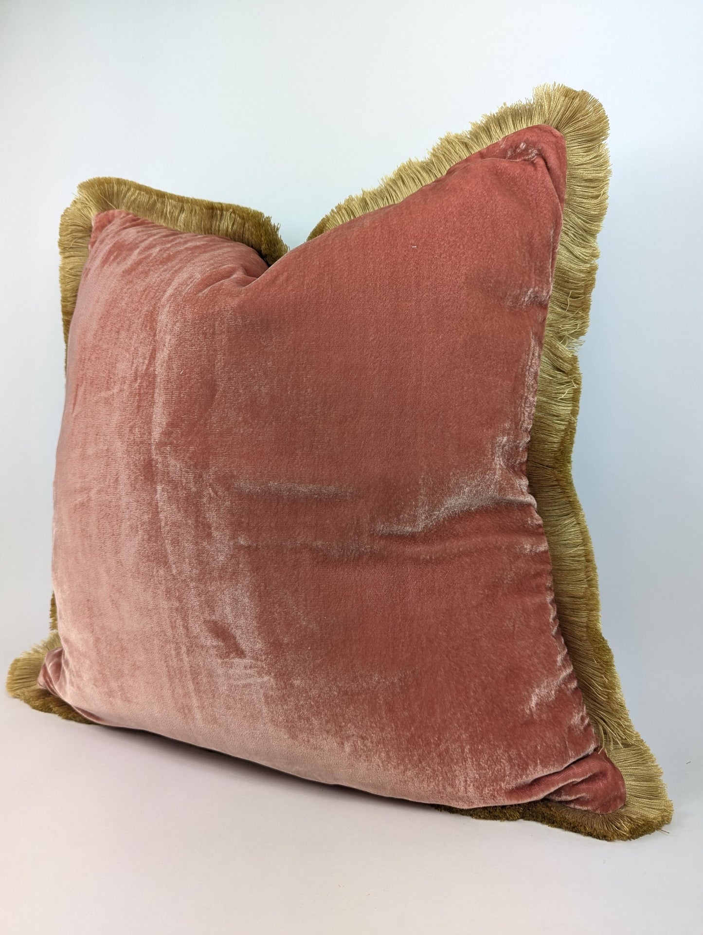 Velvet Pillow Cover, Silk Velvet Cushion, Coral with Light Beige Fringe Trim