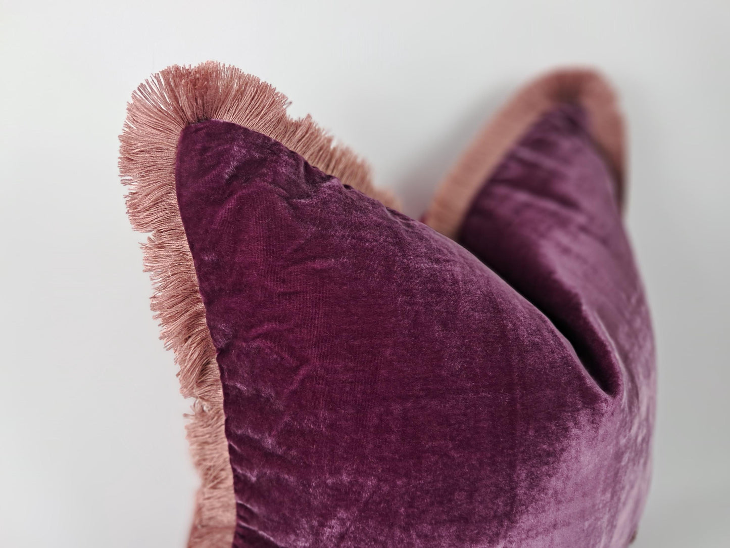 Velvet Pillows, Velvet Fringe Cushion, Dark Berry with Pink Fringe