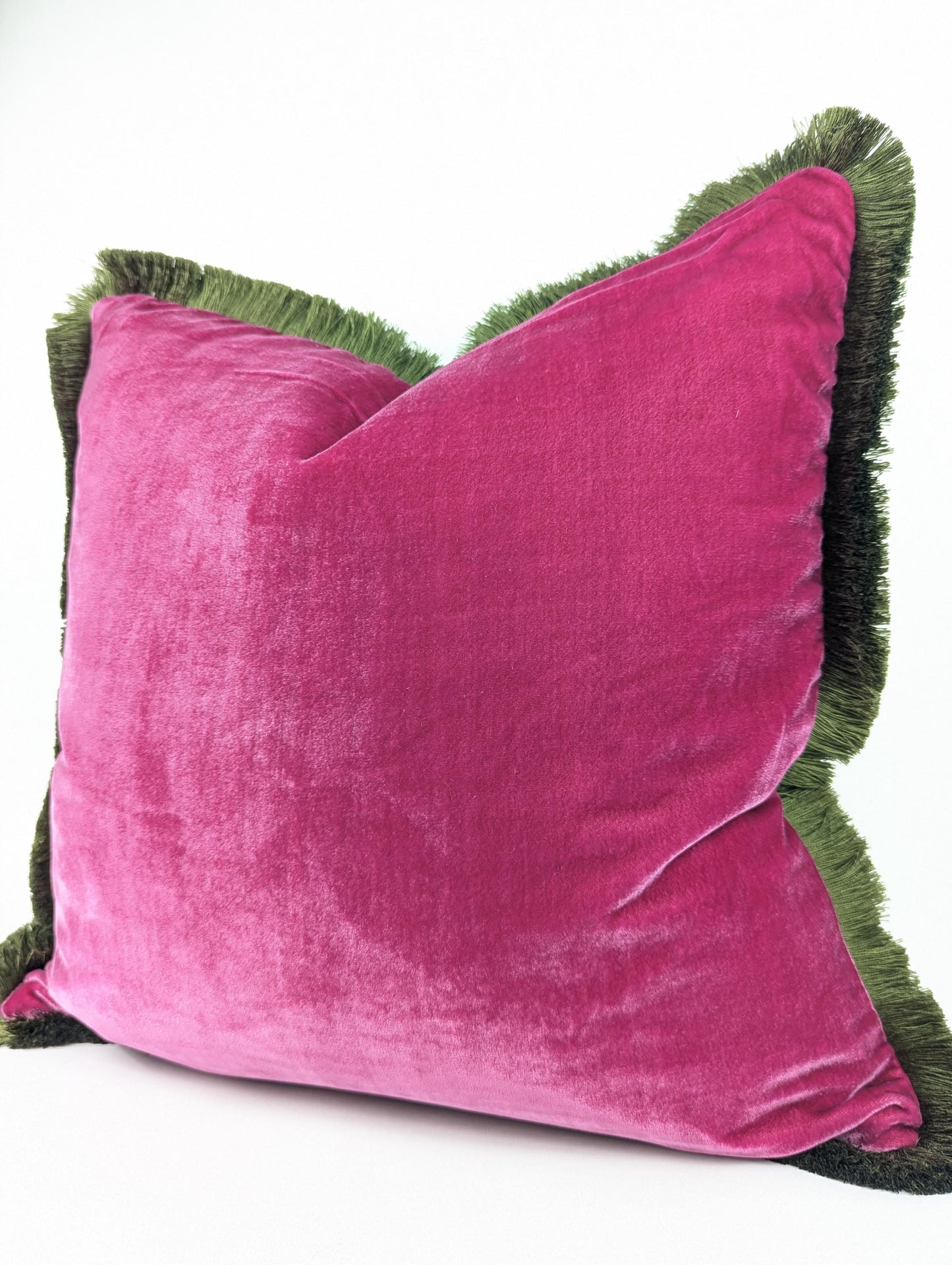 Velvet Throw Pillow, Silk Velvet Cushion, Cerise Pink with Moss Green Fringe Trim