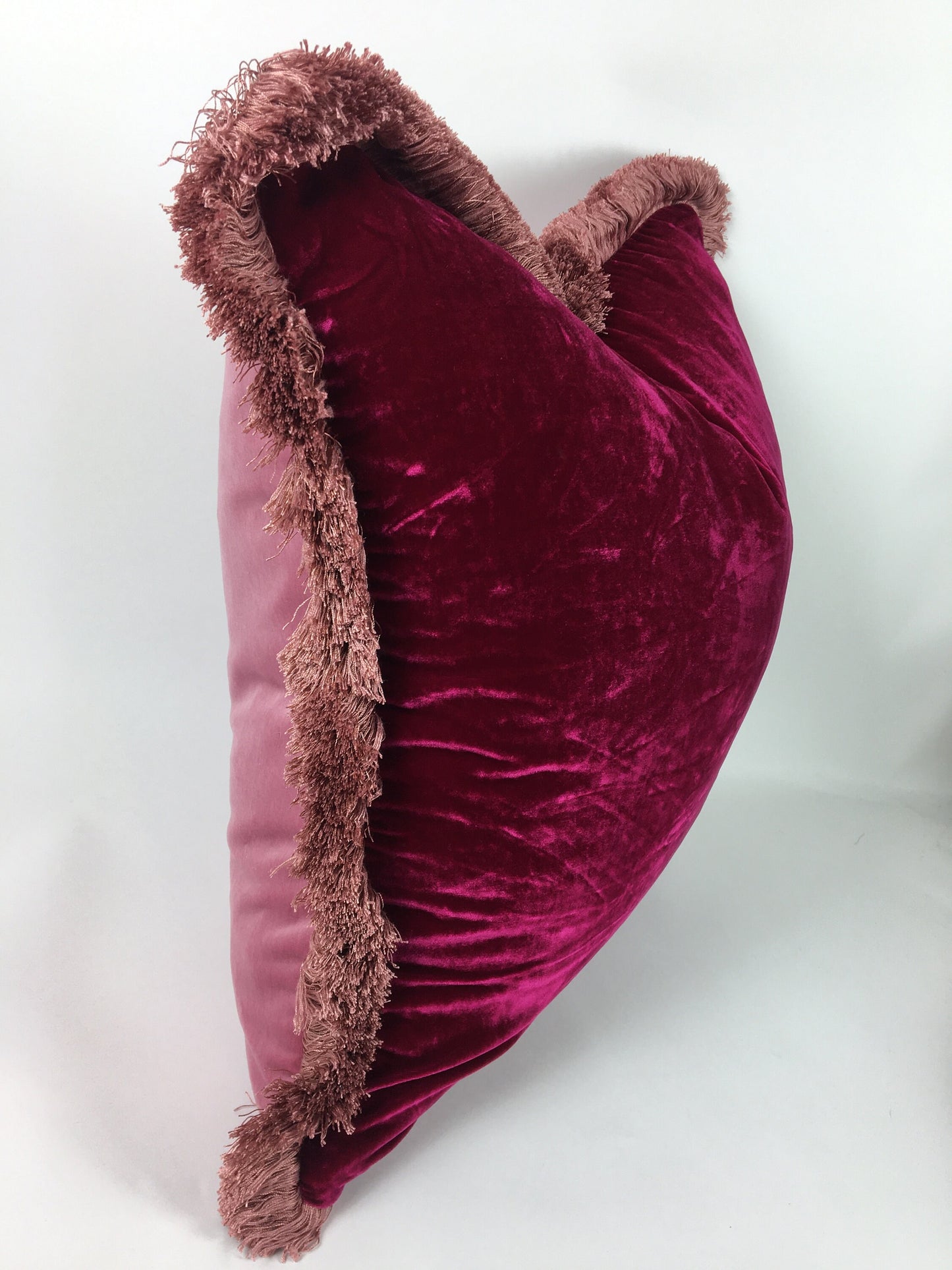 Silk Velvet Throw Pillow, Fuschia Pink Cushion with Dusty Pink Fringe