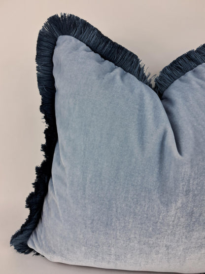 Blue Silk Velvet Pillow Cover, Dusty Blue Fringe Trim Cushion