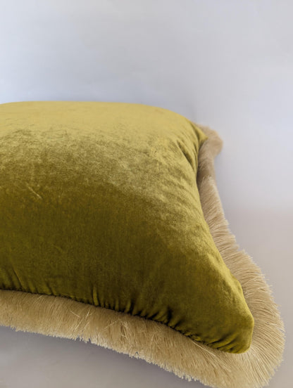 Velvet Pillow Cover, Silk Velvet Cushion, Citrine with Ivory Fringe Trim