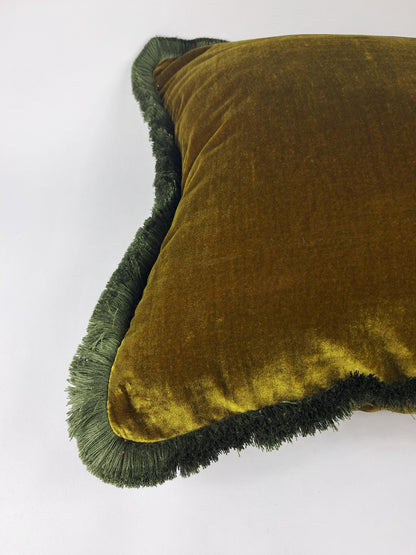 Velvet Pillow Cover, Silk Velvet Cushion, Chartreuse Green with Moss Green Fringe Trim