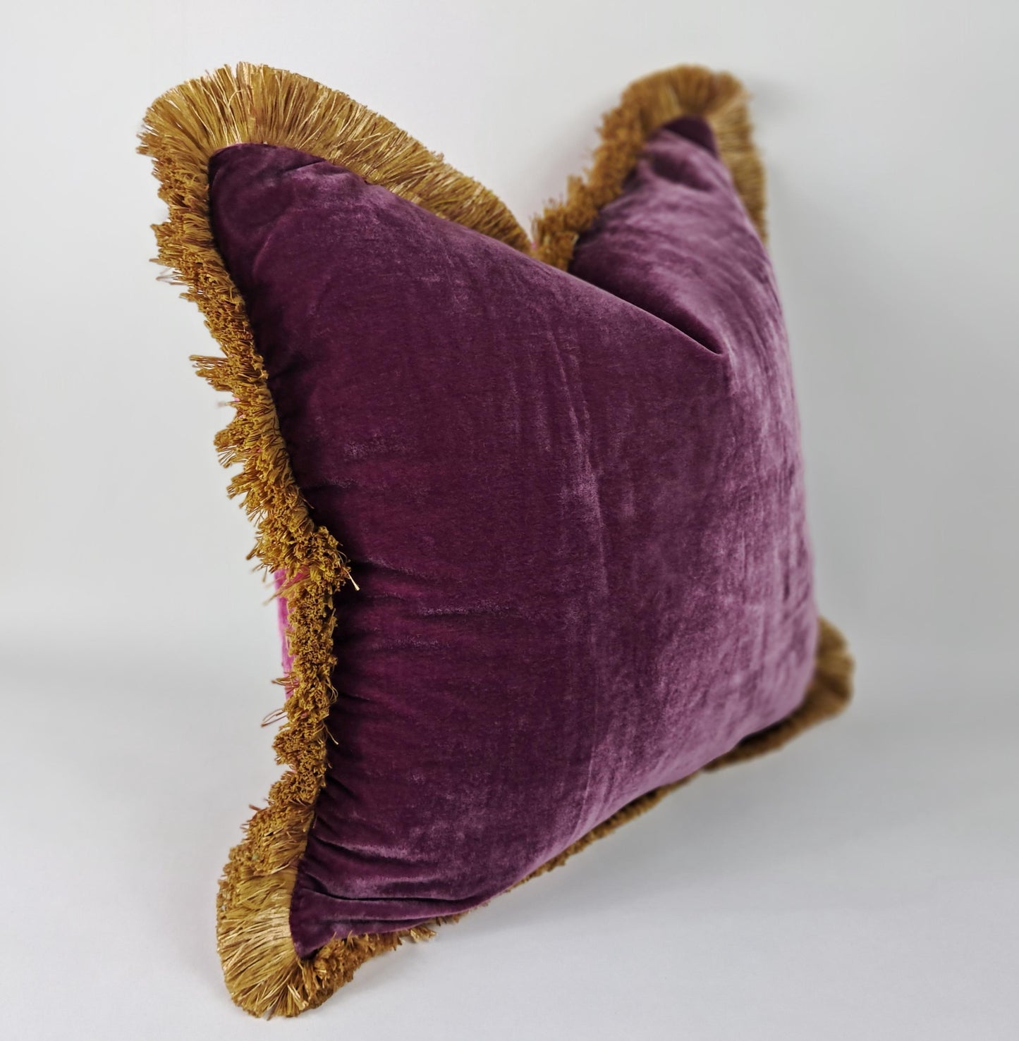 Velvet Pillow Cover, Silk Velvet Cushion, Plum Purple with Gold Fringe Trim