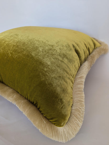Velvet Pillow Cover, Silk Velvet Cushion, Citrine with Ivory Fringe Trim