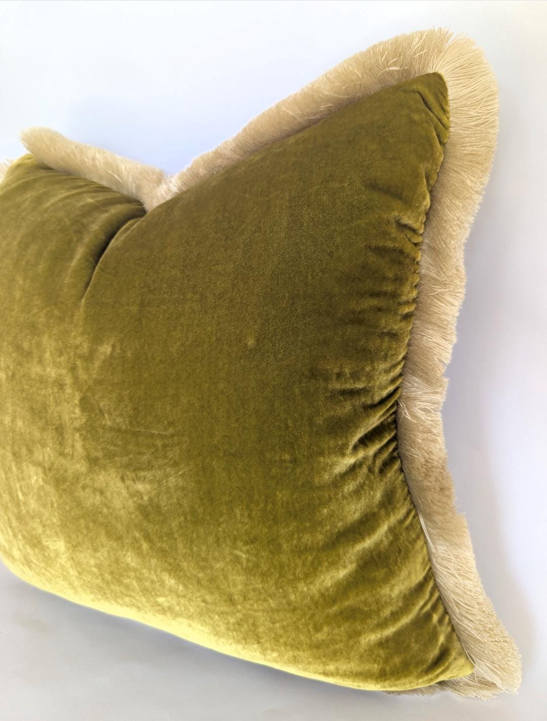 Velvet Pillow Cover, Silk Velvet Cushion, Citrine with Ivory Fringe Trim