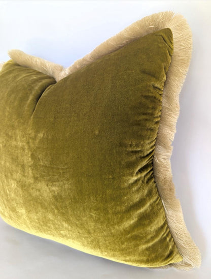 Velvet Pillow Cover, Silk Velvet Cushion, Citrine with Ivory Fringe Trim