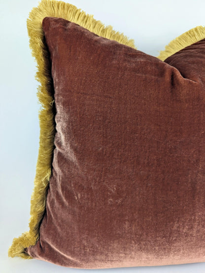 Velvet throw Pillow, Silk Velvet Cushion, Chocolate Brown with Beige Fringe Trim