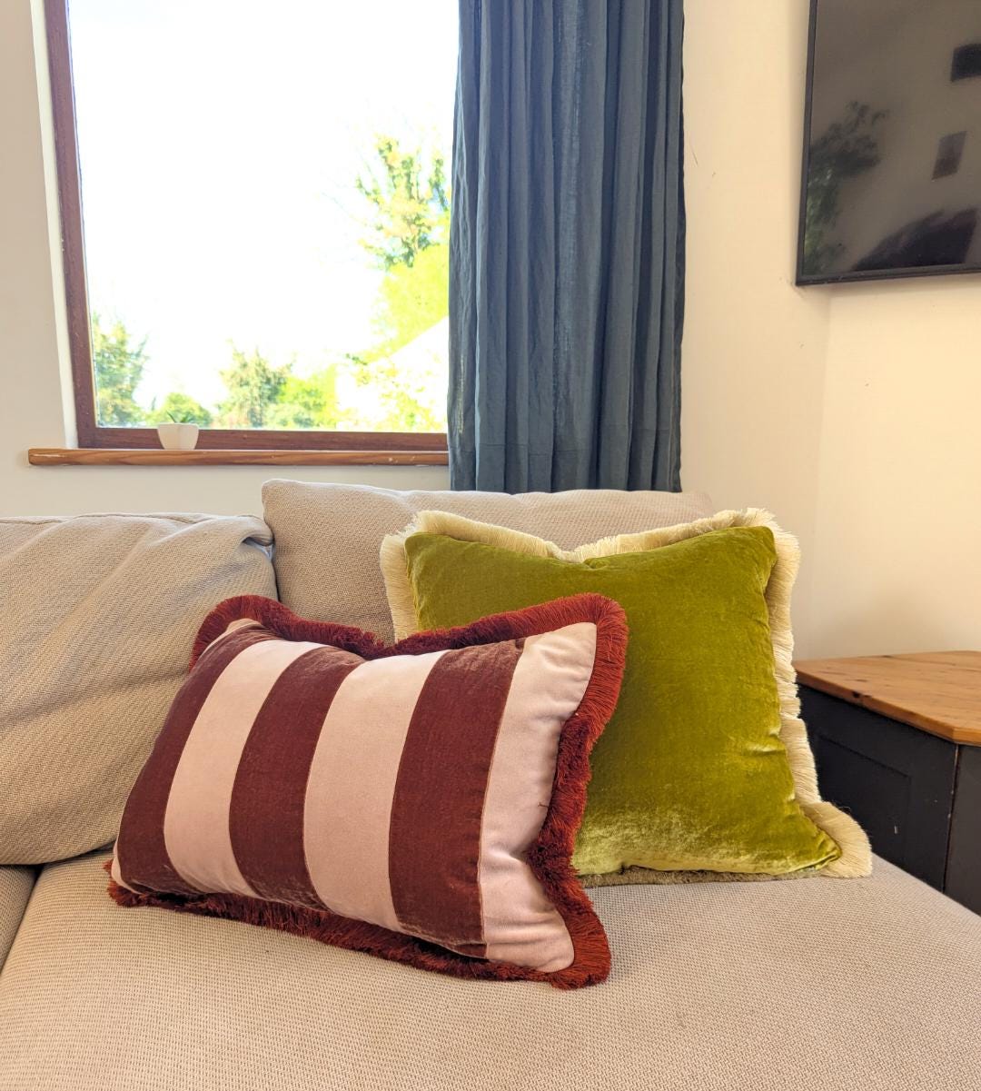 Velvet Pillow Cover, Silk Velvet Cushion, Citrine with Ivory Fringe Trim