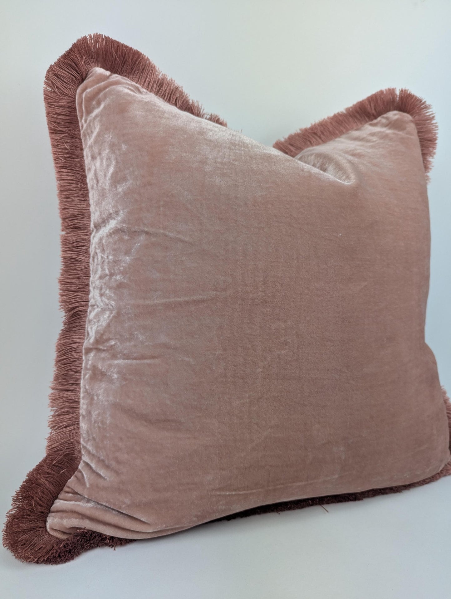 Silk Velvet Throw Pillow with Dusty Rose Fringe Trim