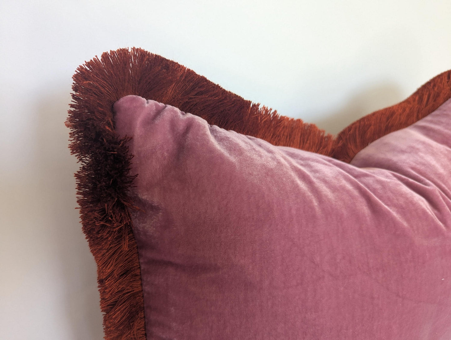 Pink Velvet Pillows , Velvet Cushion, Vintage Rose with Rusty Orange Fringe