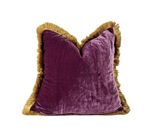 Velvet Pillow Cover, Silk Velvet Cushion, Plum Purple with Gold Fringe Trim