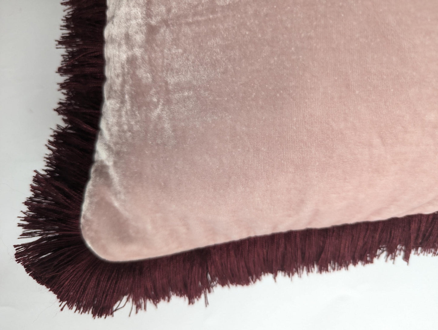 Velvet Pillow Cover, Silk Velvet Cushion, Dusty Rose with Burgundy Fringe Trim