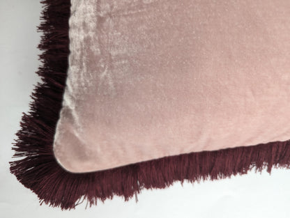 Velvet Pillow Cover, Silk Velvet Cushion, Dusty Rose with Burgundy Fringe Trim