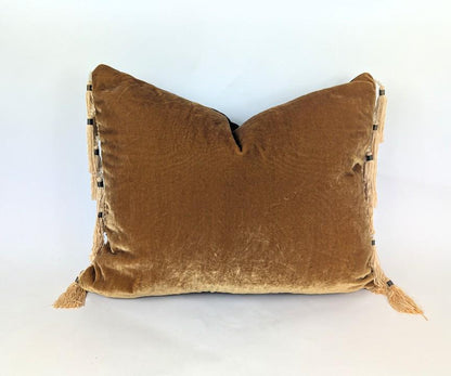 Velvet Pillow Cover, Silk Velvet Cushion, Caramel with Gold Bead Tassels