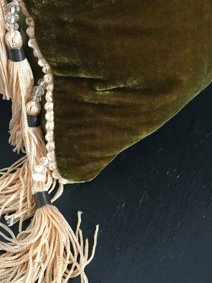 Chartreuse Silk Velvet Pillow Covers - Green and Gold Tassel Cushion - Maximalist Pillow