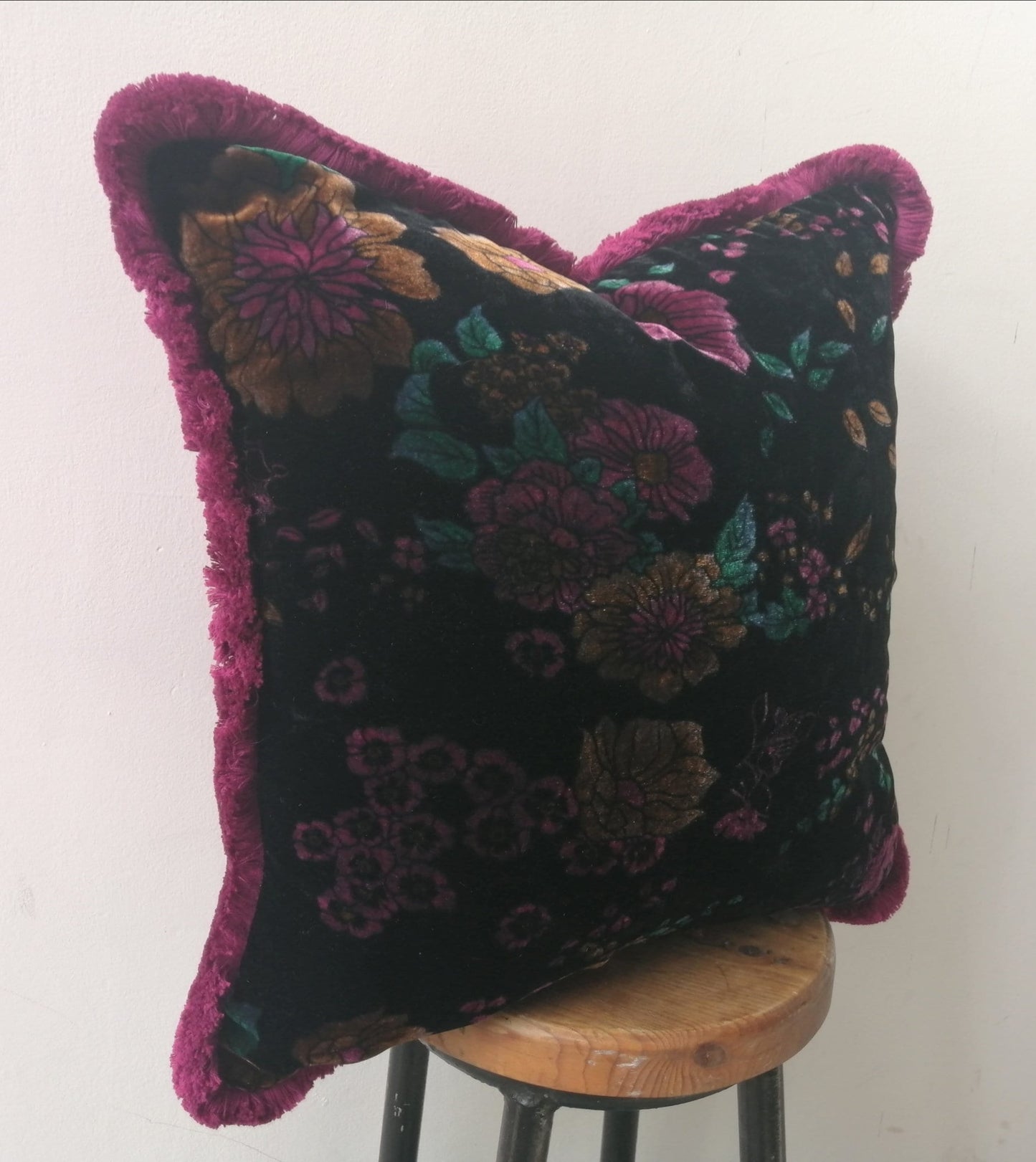 Velvet Throw Pillow, Silk Velvet Cushion, Black Floral with Fuschia Fringe Trim