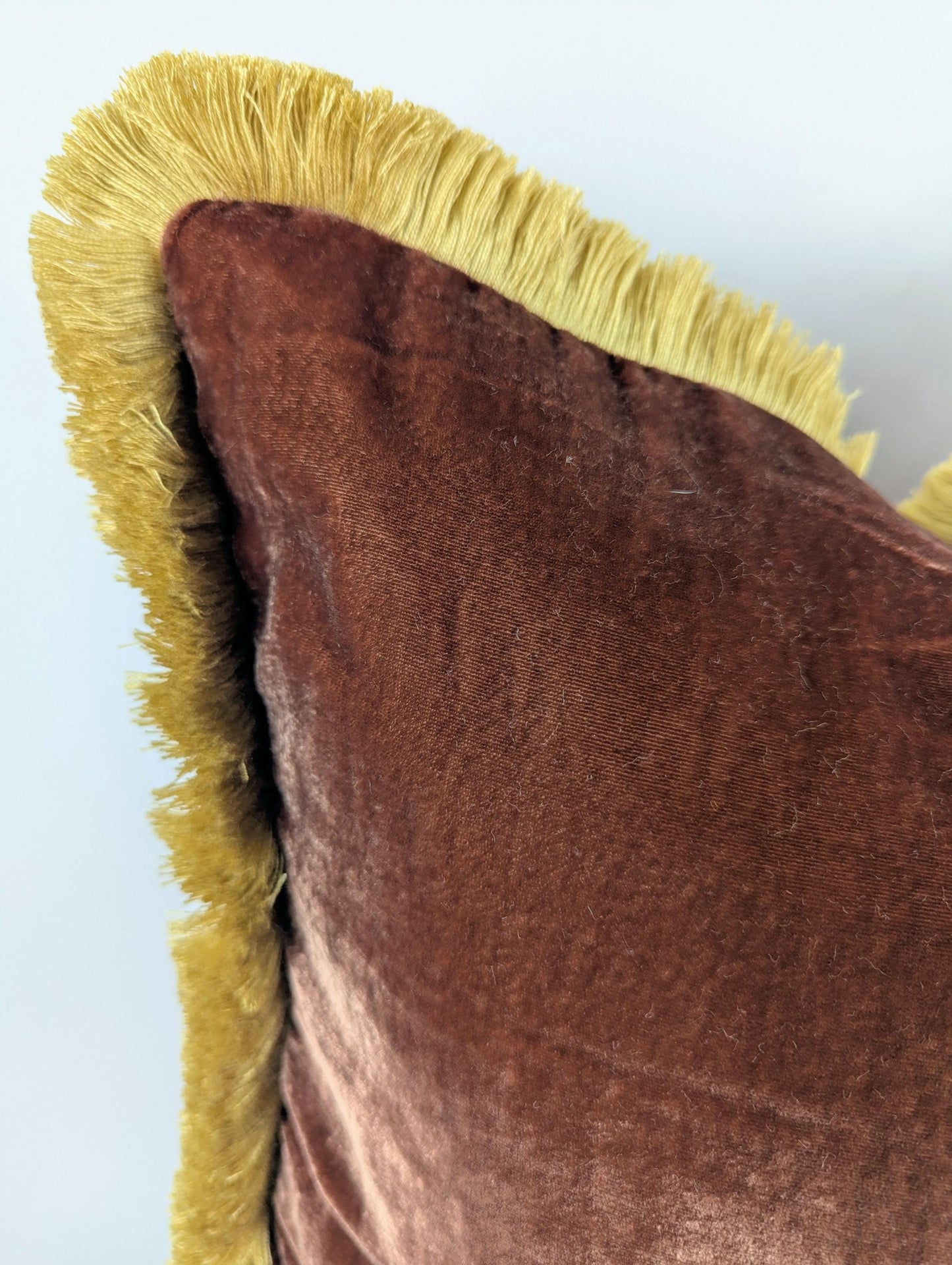 Velvet throw Pillow, Silk Velvet Cushion, Chocolate Brown with Beige Fringe Trim