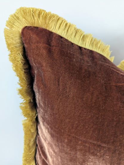 Velvet throw Pillow, Silk Velvet Cushion, Chocolate Brown with Beige Fringe Trim