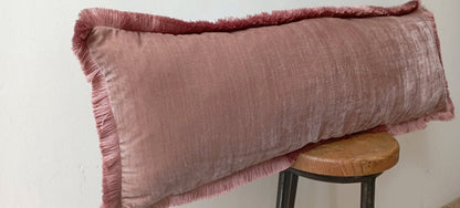 Velvet Throw Pillow, Silk Velvet Cushion, Dusty Rose with Dusty Pink Fringe Trim